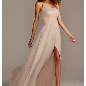 Crepe-Back Satin One-Shoulder Dress

(Size 0) 
Colour: Biscotti